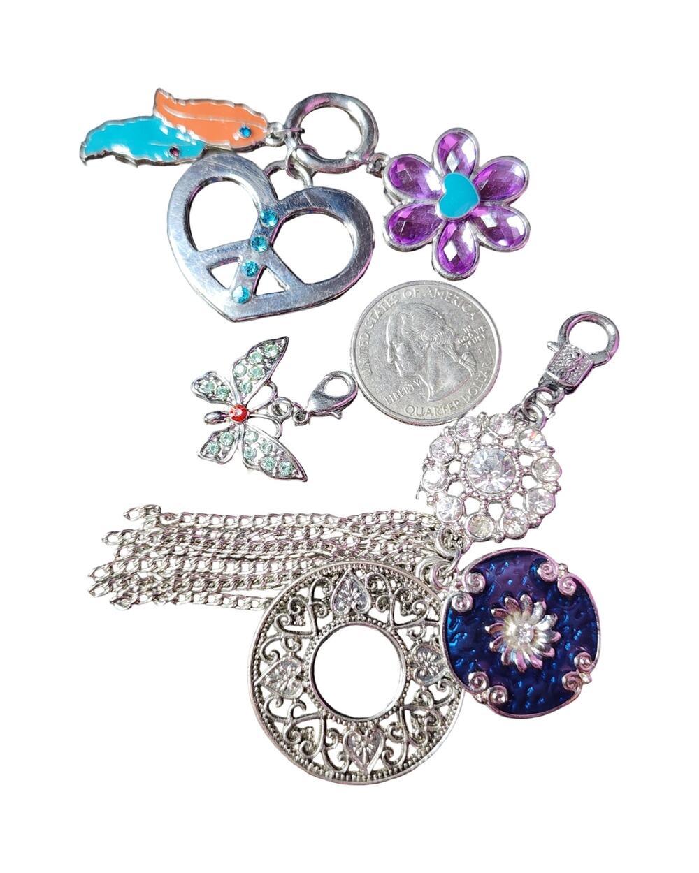 Y2K Vtg Charm Keychain Lot Peace Flower Butterfly Filigree Boho Bag Accessory
